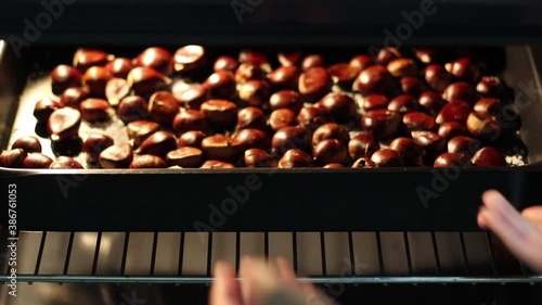 Putting chestnuts to roast in the oven