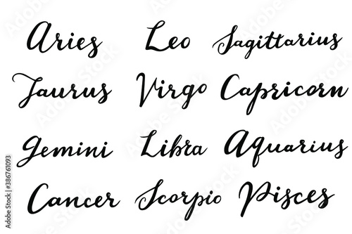 Set of 12 vector zodiac signs with titles elegant hand lettering. Aries, Taurus, Leo, Gemini, Virgo, Scorpio, Libra, Aquarius, Sagittarius, Pisces, Capricorn, Cancer.