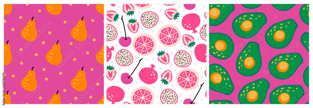 Set of three seamless repeat patterns with hand drawn fruits and berries. Modern textile, wrapping paper designs.