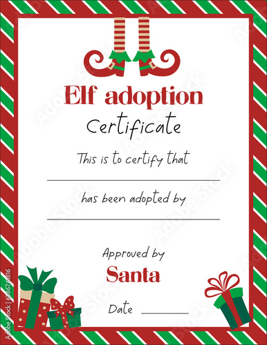 Elf adoption cerificate template with cute elf legs and christmas gifts on white background.
