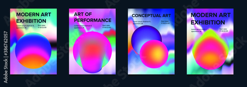 Set of minimal posters with abstract composition of glowing neon planets. Synthwave and vaporwave style covers for music or dance event.