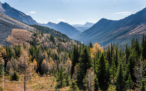 Canadian Rocky Mountains in fall colours with early morning haze.