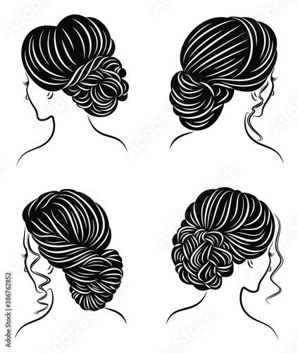 Collection. Silhouette of the head of a lovely lady. The girl demonstrates her pech hairstyle for long and medium hair. Suitable for logo, advertising. Vector illustration set.