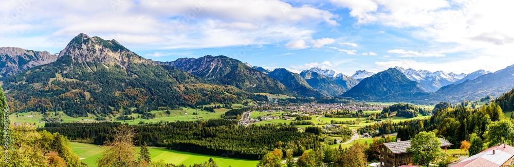 Panorama on Obersdorf in Allgau, Bavaria, Bayern, Germany. Rubihorn, Nebelhorn, Big  Klottenkopf, alps in Tyrol, Vorarlberg,   Mountains of good hope, blue sky, Rotgrundspitze, Rappenseekopf, Austria.