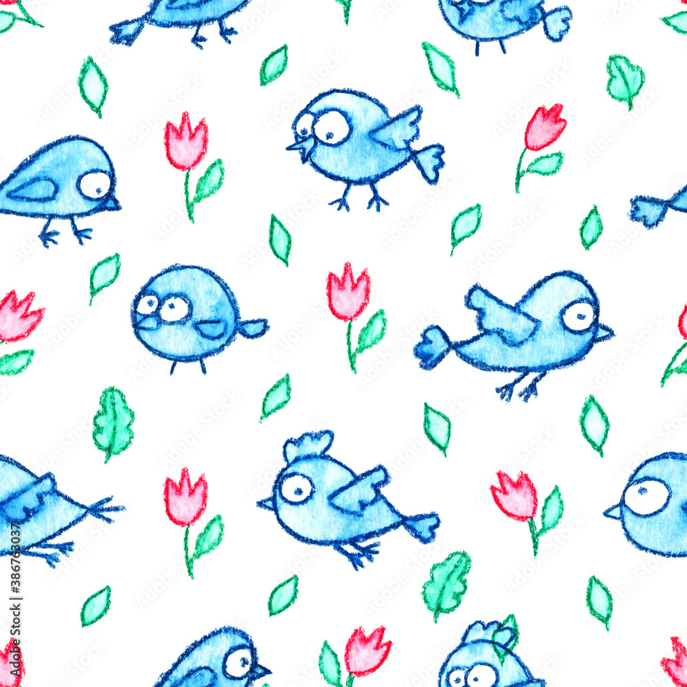 Cute little birds seamless pattern