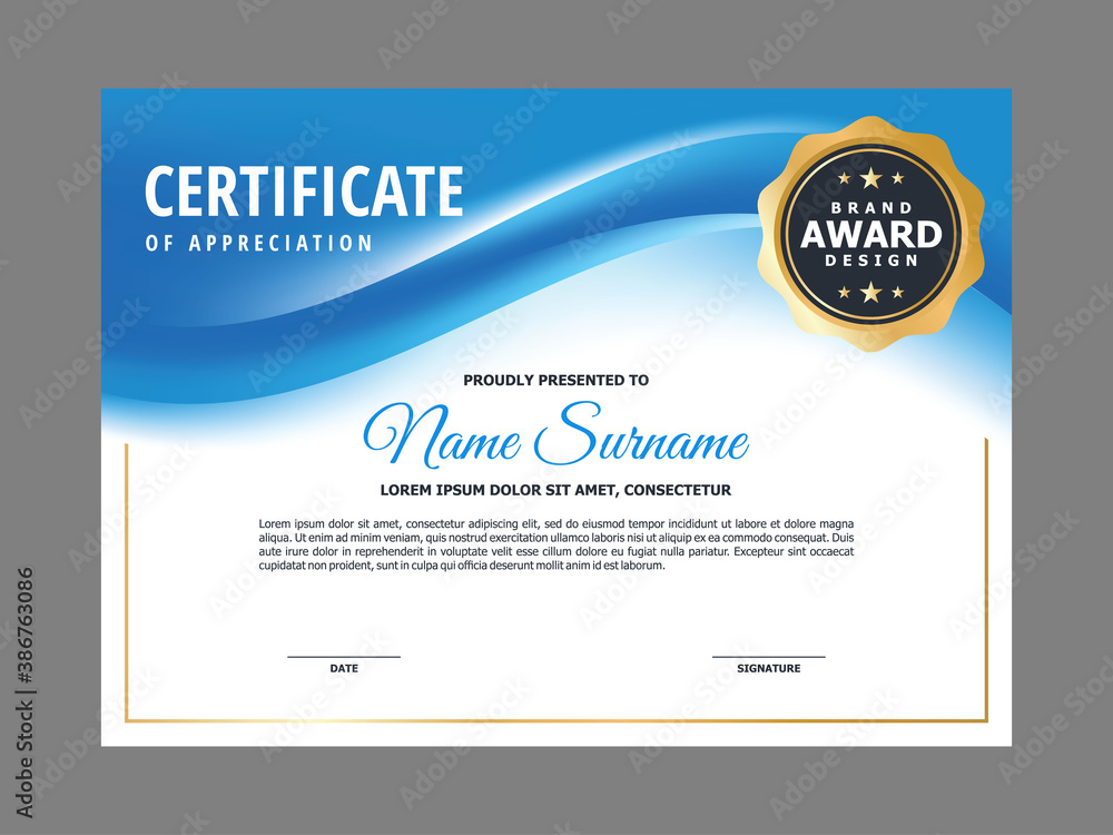 Abstract Smooth Certificate with Blue Wavy Element Design, Professional, Modern, Elegant Certificate with Golden Badge Template Vector
