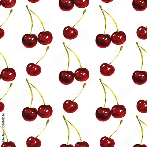 Seamless pattern with watercolor cherry berries isolated over white. Hand painted sweet summer dessert background.