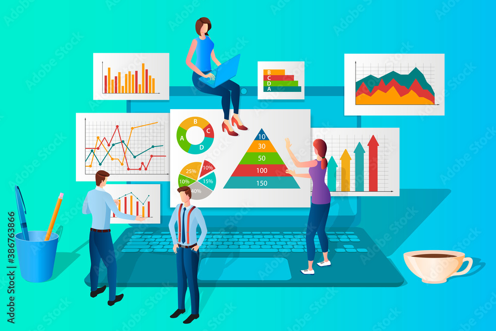 Businessmen study the infographic on the laptop.The concept of teamwork,the use of modern technology.Electronic learning webinar for students.Online video training.Isometric illustration Businessmen study the infographic on the laptop.The concept of teamwork,the use of modern technology.Electronic learning webinar for students.Online video training.Isometric illustration