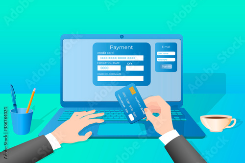 Online Money Transfer.The concept of Bank transfers in electronic form.A person is sitting at a laptop, holding a credit card and transferring money.Vector image.