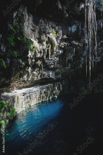 Sun light partly shining into Oxman cenote with blue water and tropical plants in the cave  Yucatan  Mexico