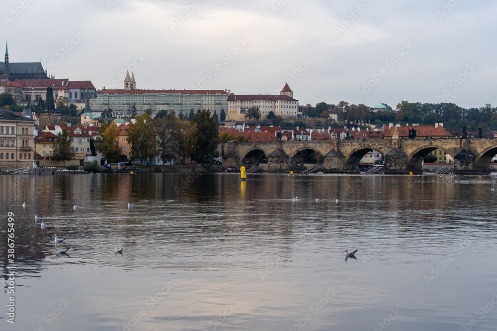 Obraz premium Vltava river and Prague Castle St. Vitus Cathedral and Charles Bridge in the center of Prague at sunset. there are reflections on the river surface and the sky is illuminated by the sun