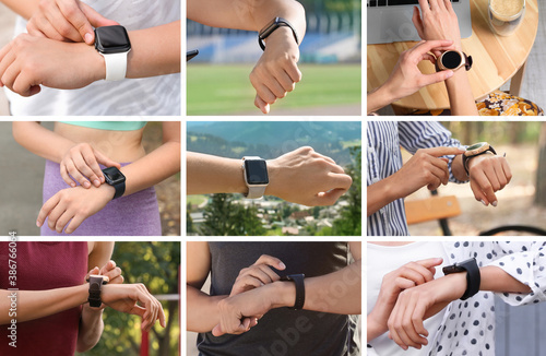 Photos of people with smart watches  closeup view. Collage design