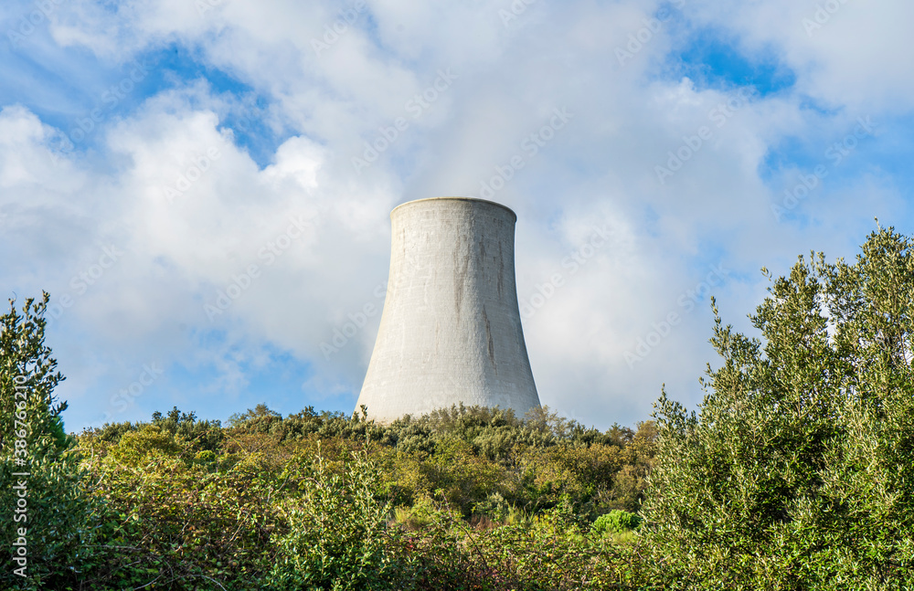 A cooling tower of a geothermal power plant in Monterotondo Marittimo, near Larderello, in Tuscany, Italy A cooling tower of a geothermal power plant in Monterotondo Marittimo, near Larderello, in Tuscany, Italy