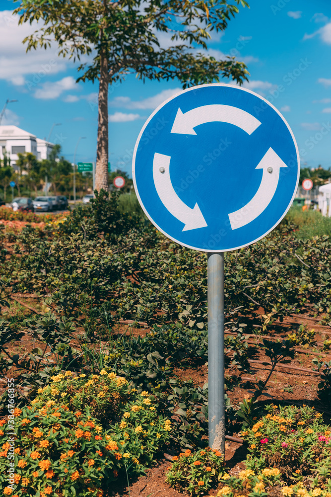 Close-up view of blue and white roundabout sign on the street with grass, trees, road and blue sky with clouds. Outdoor sign for cars. Traffic Laws. One circle road sign on a pillar.