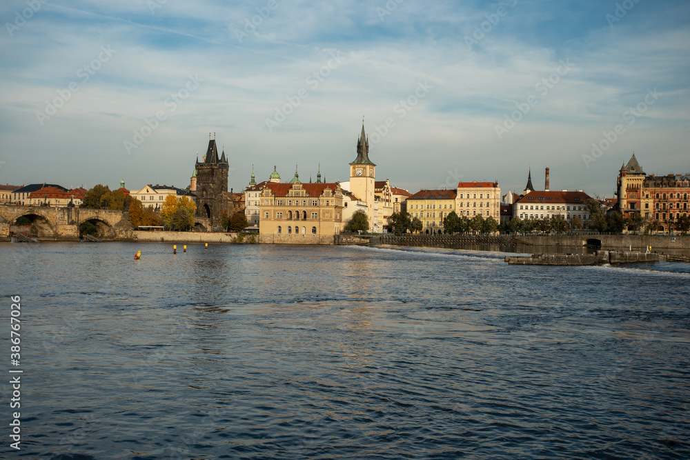 Charles Bridge and the Vltava River. stone bridges on the river in the city. in the center of the old town of Prague in the Czech Republic
