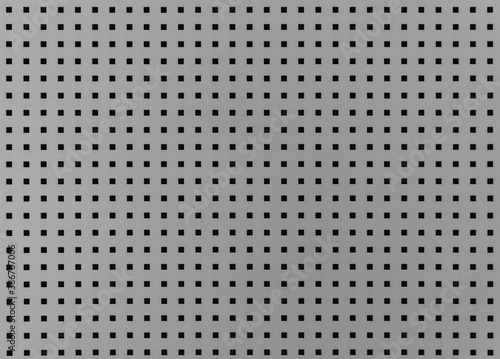 Background with many small square holes. Grey metal sheet with through square holes, textured iron. Metal grill with holes.