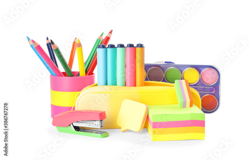 Set of different school stationery on white background
