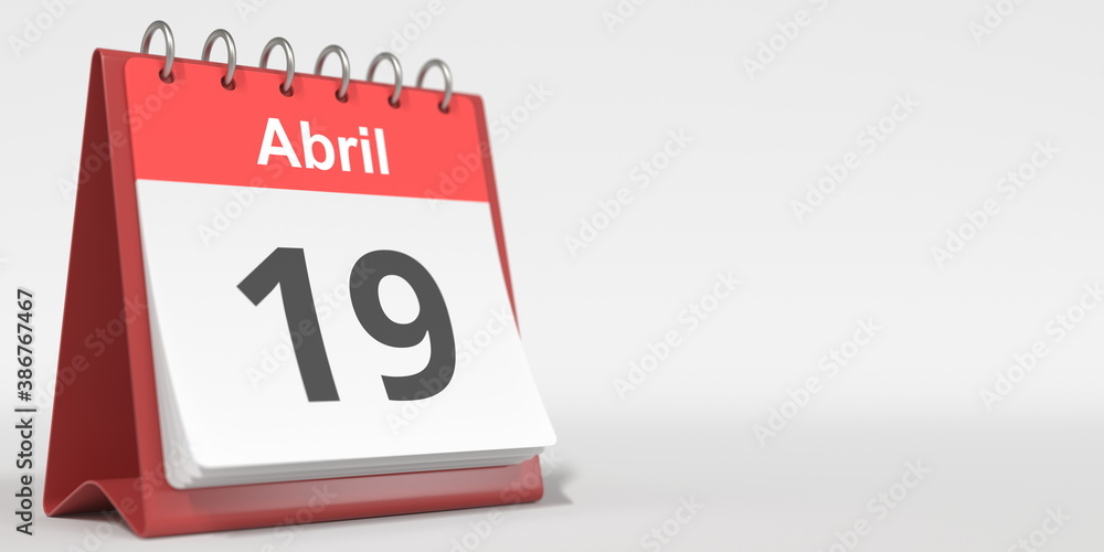 April 19 date written in Spanish on the flip calendar, 3d rendering April 19 date written in Spanish on the flip calendar, 3d rendering
