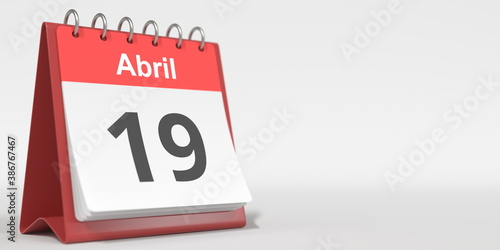 April 19 date written in Spanish on the flip calendar, 3d rendering