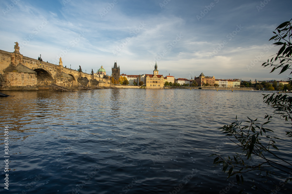 panoramic view of Charles Bridge and the Vltava River. stone bridges on the river in the city. in the center of the old town of Prague in the Czech Republic