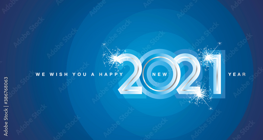 We wish You Happy New Year 2021 firework silver modern design numbers glass color shining blue aqua color greeting card - obrazy, fototapety, plakaty 