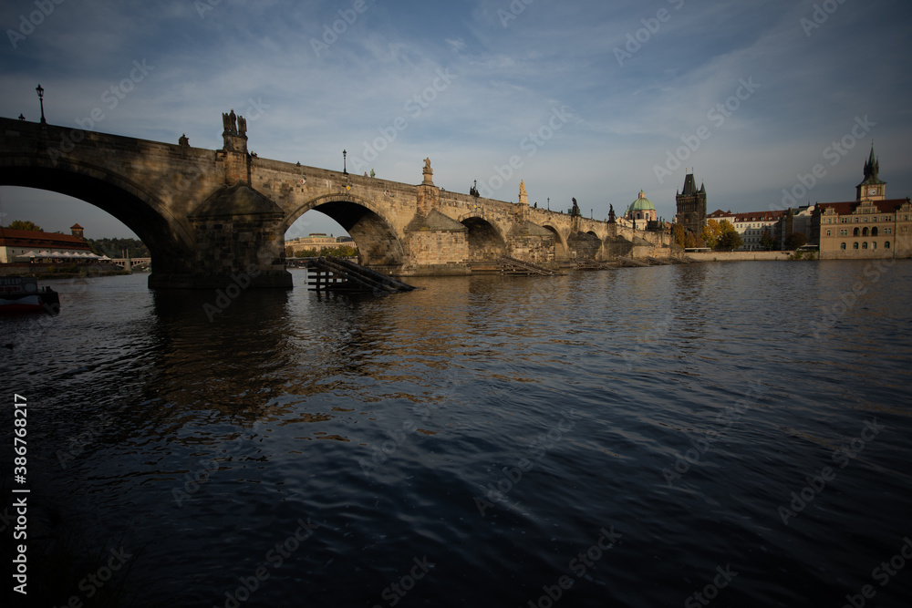 Charles Bridge and the Vltava River. stone bridges on the river in the city. in the center of the old town of Prague in the Czech Republic
