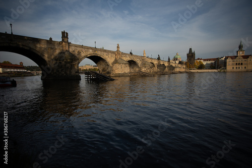 Charles Bridge and the Vltava River. stone bridges on the river in the city. in the center of the old town of Prague in the Czech Republic 