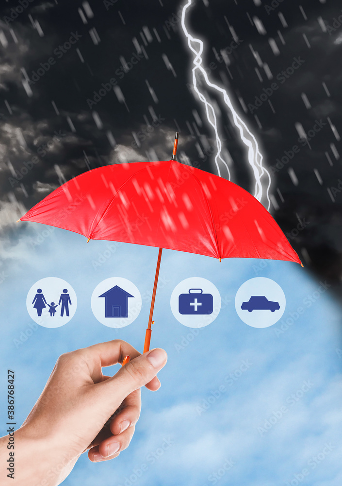 Insurance concept. Woman protecting illustrations with red umbrella from storm, closeup - obrazy, fototapety, plakaty 