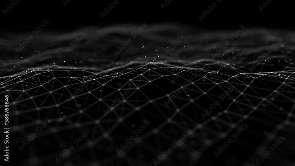 Wave 3d. Wave of particles. Abstract Black Geometric Background. Big data visualization. Data technology abstract futuristic illustration. 3d rendering. Wave 3d. Wave of particles. Abstract Black Geometric Background. Big data visualization. Data technology abstract futuristic illustration. 3d rendering.