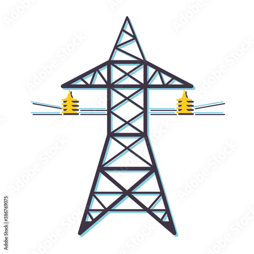 High voltage power line transmission tower. Electricity pylon flat vector icon.