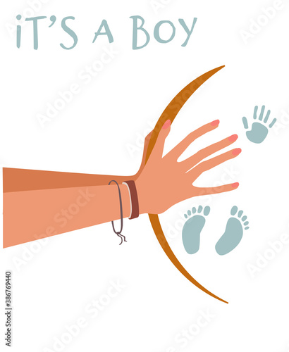 Flat style illustration. Two hands touching belly of pregnant woman. There are legs and hand of the baby in the mother stomach.