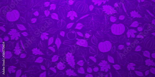 Happy Thanksgiving background with autumn leaves, vegetables and turkey in purple colors