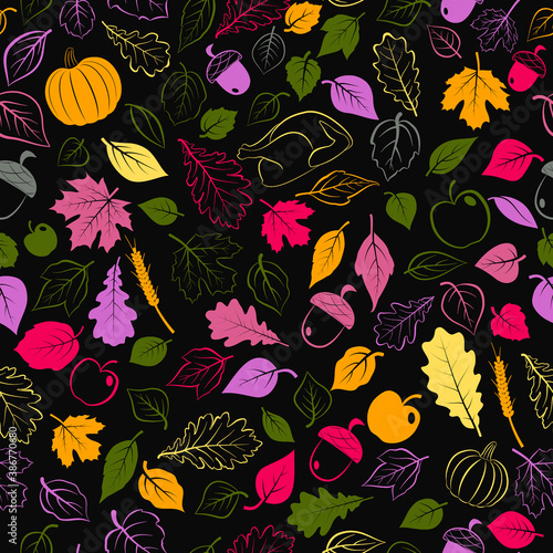 Happy Thanksgiving seamless pattern with autumn leaves  vegetables and turkey  multicolored on dark background