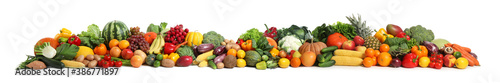 Collection of fresh organic vegetables and fruits on white background. Banner design