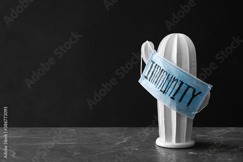 Medical mask with word Immunity hanging on ceramic cactus against grey background. Space for text photo