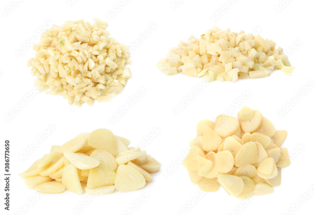 Set of cut garlic on white background Set of cut garlic on white background