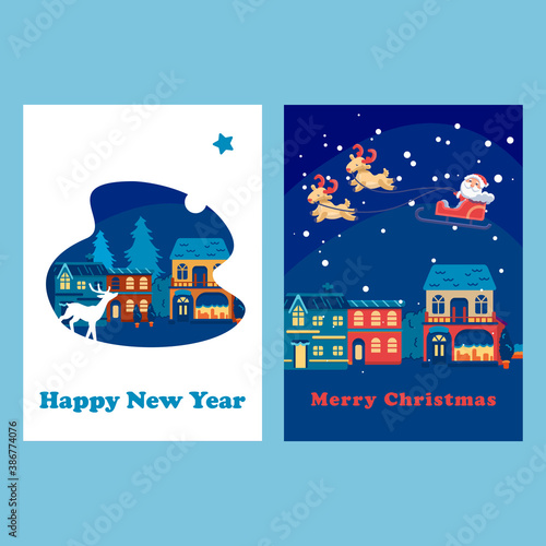 Santa Claus Happy new year card set on blue backdrop. Christmas postcard for invitation or gift card, notebook, bath tile, scrapbook. Phone case or cloth print. Flat style stock vector illustration