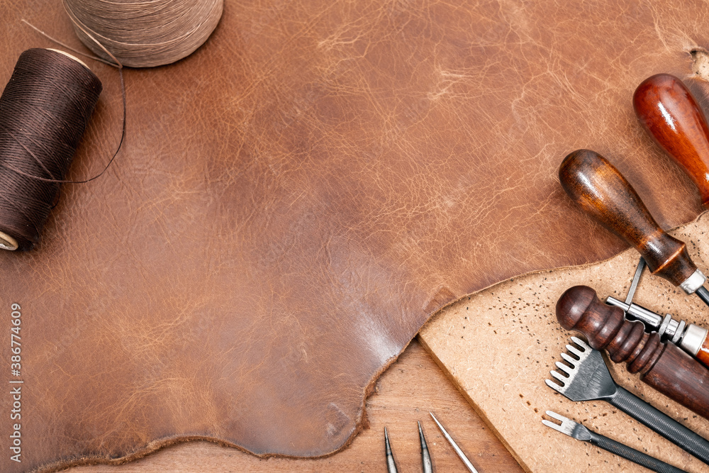 brown leather for leather working - obrazy, fototapety, plakaty 