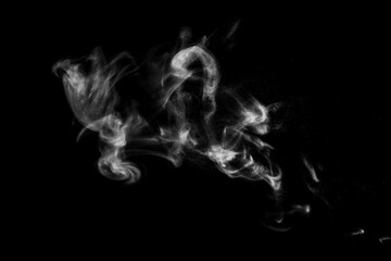 White natural steam smoke effect on solid black background with abstract blur motion wave swirl use for overlay in vapor cigarette, hot boil food and water