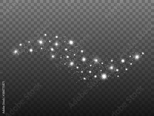 Glitter wave on transparent backdrop. Silver light with shining stars. Sparkling trail effect. Luxury design element. Christmas template with stardust. Vector illustration