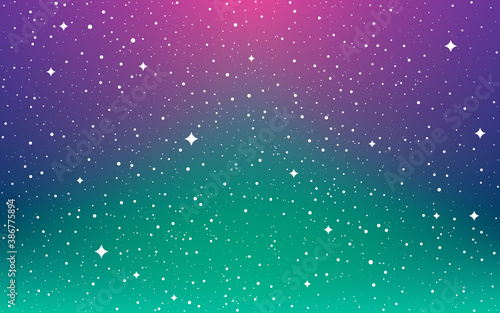 Space background. Northern lights wallpaper. Color universe with white shining stars. Magic milky way. Infinity constellations and stardust. Abstract cosmic backdrop. Vector illustration