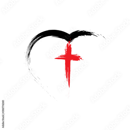 Christian red cross and black heart drawn by brush, isolated symbols on a white background.