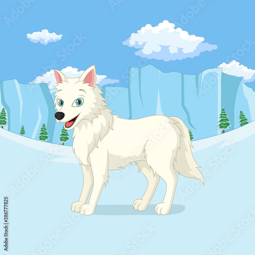Cartoon arctic wolf stands in the winter forest