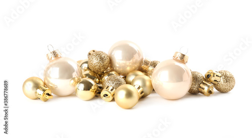 Many beautiful Christmas balls on white background