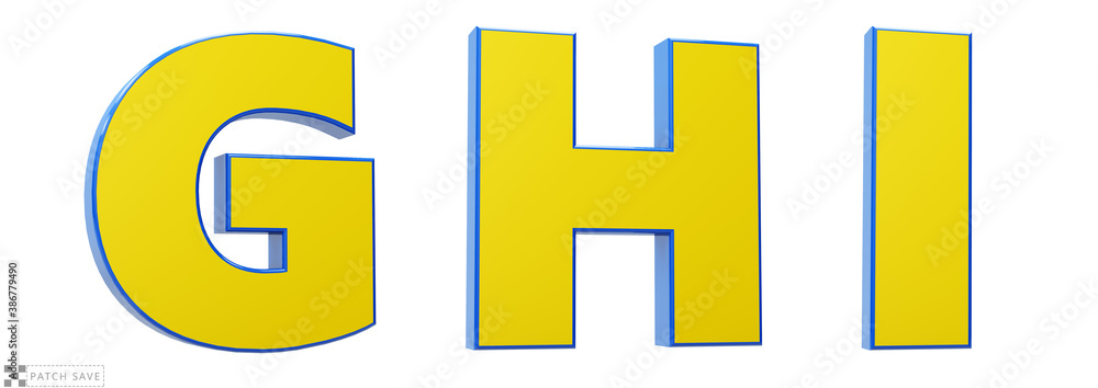 Font story, letters G, H, I, 3d render glosy yellow and blue. Path save.