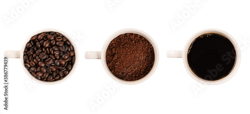 Top view, Coffee cup assortment collection ,roasted grains and ground coffee isolated on white background.