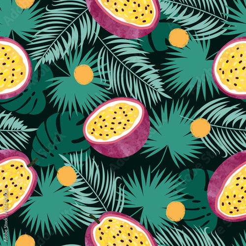 Tropical seamless vector pattern with passion fruit and jungle leaves. Summer background.
