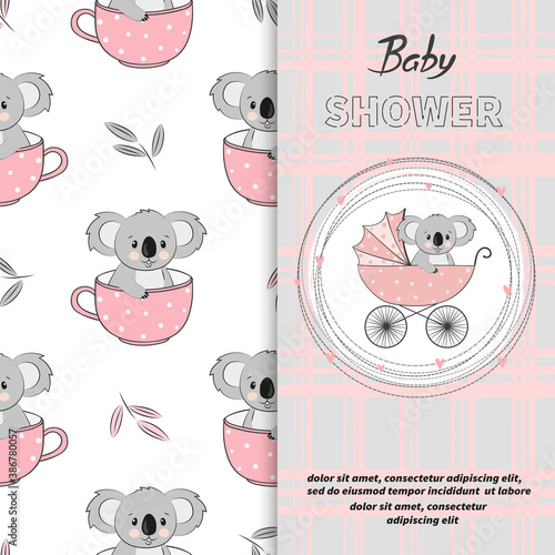 Baby shower girl card design. Cartoon koala bear in stroller. photo