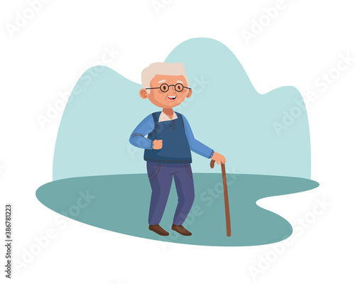 old man eldery walking with cane character