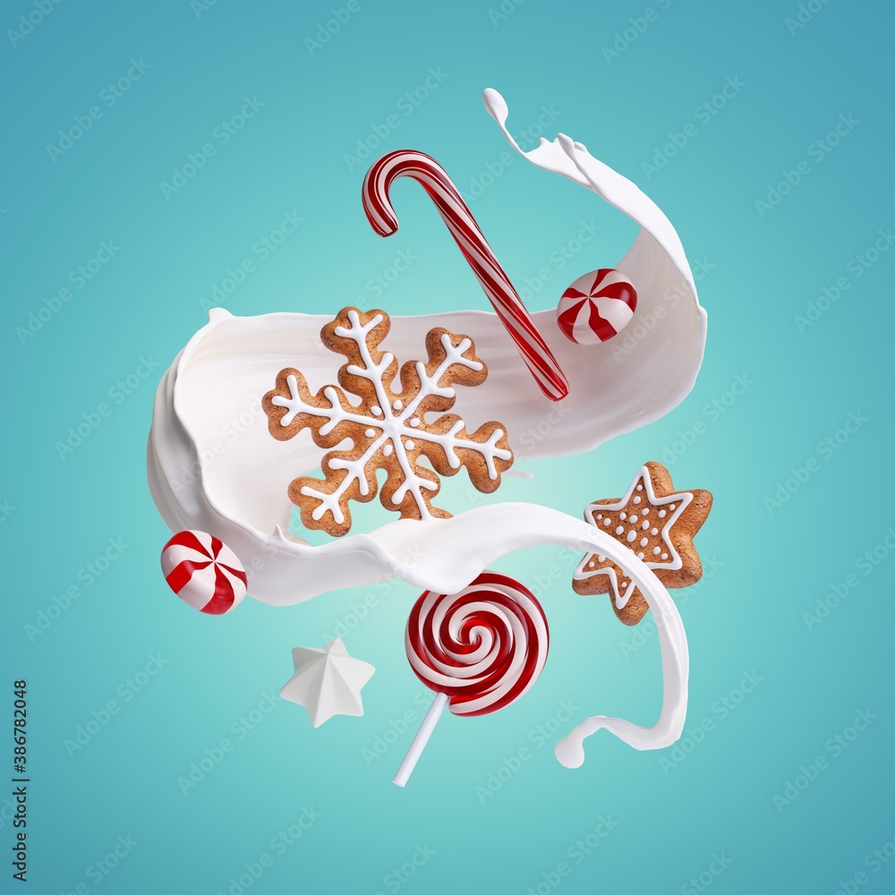 3d rendering of milk splash, gingerbread cookies and caramel candies isolated on blue background. White splashing liquid wave and sweets levitate. Christmas food illustration